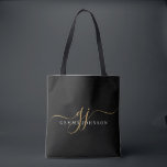 Modern Gold Script Monogram Initials Black Tasche<br><div class="desc">Eine elegante,  moderne,  minimalistisch mit Monogramm Tasche,  mit einem Sans Serif-Namen und eleganten Golden Swash-Schriftzeichen auf schwarz.</div>