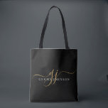 Modern Gold Script Monogram Initials Black Tasche<br><div class="desc">Eine elegante,  moderne,  minimalistisch mit Monogramm Tasche,  mit einem Sans Serif-Namen und eleganten Golden Swash-Schriftzeichen auf schwarz.</div>