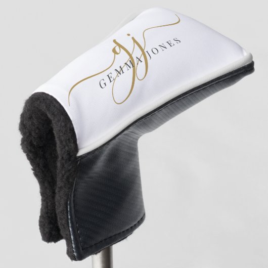 Modern Gold Script Monogram Initials Schwarz-weiß Golf Headcover (3/4 Vorderseite)