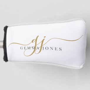 Modern Gold Script Monogram Initials Schwarz-weiß Golf Headcover