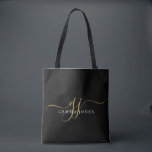 Modern Gold Script Monogram Initials Tasche<br><div class="desc">Eine elegante,  moderne,  minimalistisch mit Monogramm Tasche,  mit einem Sans Serif-Namen und eleganten Golden Swash-Schriftzeichen auf schwarz.</div>