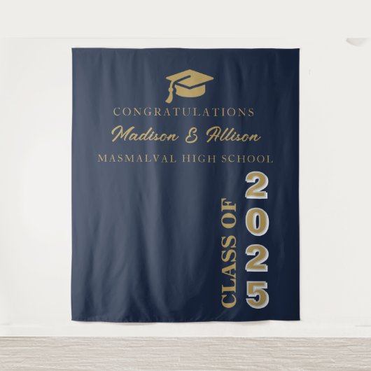Modern Gold Script Navy Blue Twin Abschluss Wandteppich (Vorderseite)