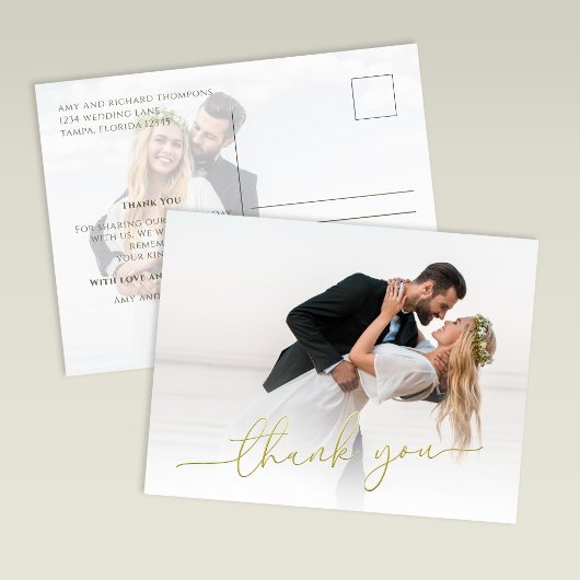 Modern Gold Script Photo Wedding Thank You Card Postkarte
