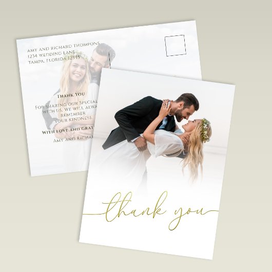 Modern Gold Script Photo Wedding Thank You Card Postkarte
