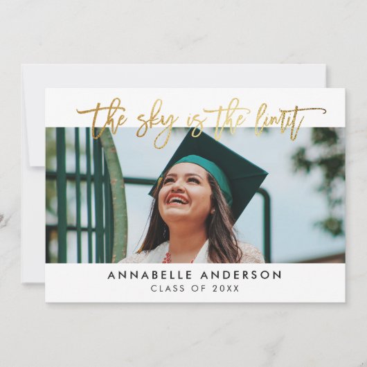 Modern Gold Script Sky ist der Limit Abschluss Einladung (Vorderseite)