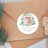 Modern Gold Script Watercolor Weihnachtsbaum Foto Runder Aufkleber