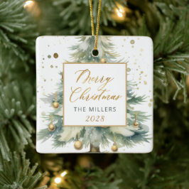 Modern Gold Script Watercolor Weihnachtsbaum Keramikornament