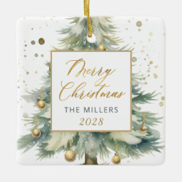 Modern Gold Script Watercolor Weihnachtsbaum Keramikornament