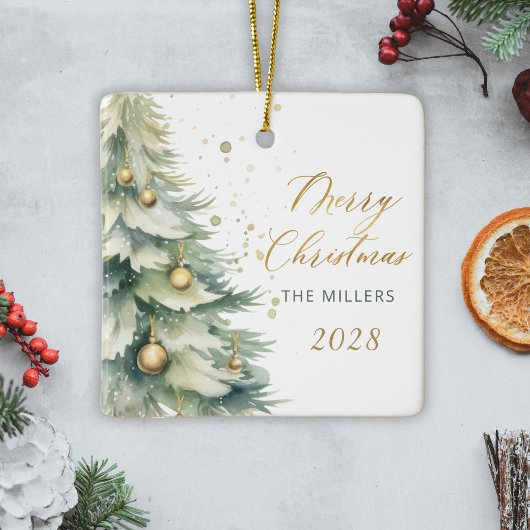 Modern Gold Script Watercolor Weihnachtsbaum Keramikornament