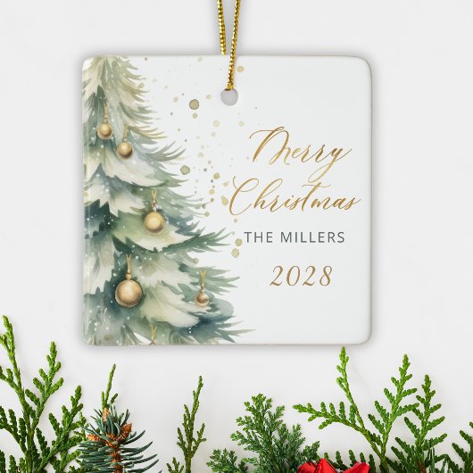 Modern Gold Script Watercolor Weihnachtsbaum Keramikornament