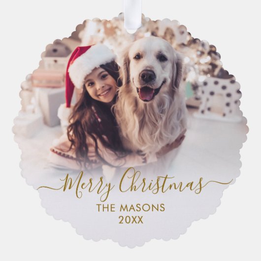 Modern Gold Script White 2 Family Foto Weihnachten Ornament Karte (Rückseite)