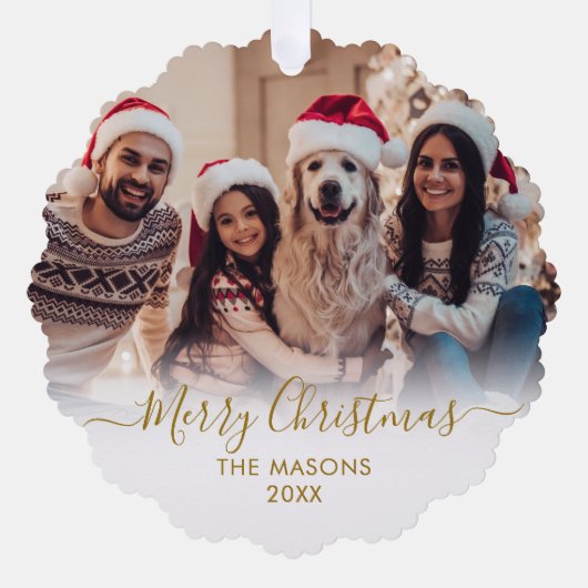 Modern Gold Script White 2 Family Foto Weihnachten Ornament Karte (Vorderseite)