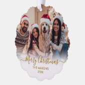 Modern Gold Script White 2 Family Foto Weihnachten Ornament Karte (Links)