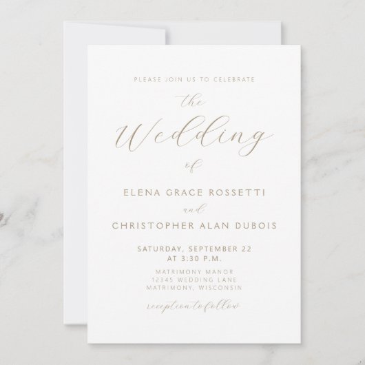 Modern Gold Script White Wedding Einladung (Vorderseite)