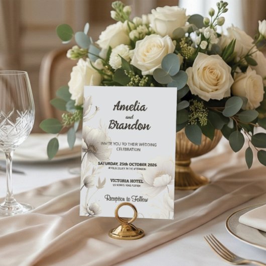 Modern Gold Sketch Flowers | White Wedding Einladung