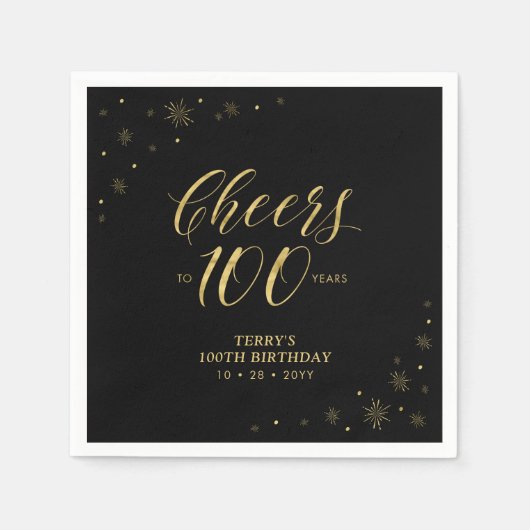 Modern Gold Sparkle & Cheers 100. Geburtstagsparty Serviette (Vorderseite)