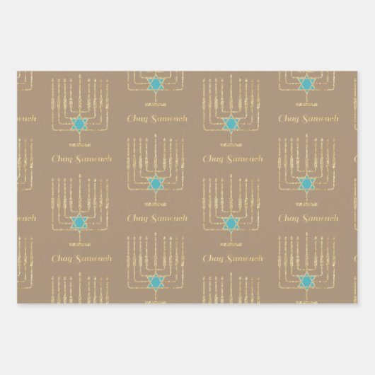 Modern Gold Star Menorahs Dreidels Kraft Hanukkah Geschenkpapier Set (Vorderseite 2)