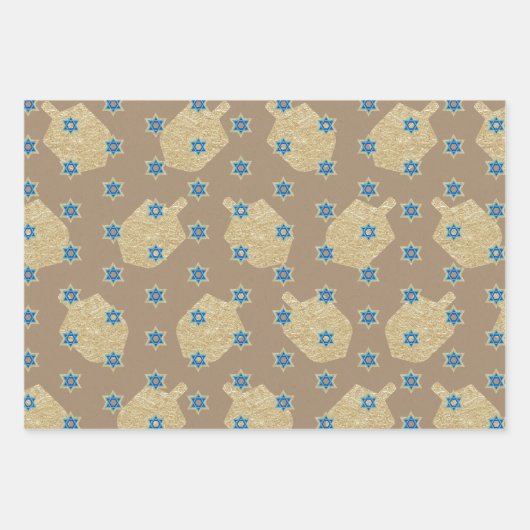 Modern Gold Star Menorahs Dreidels Kraft Hanukkah Geschenkpapier Set (Vorderseite)
