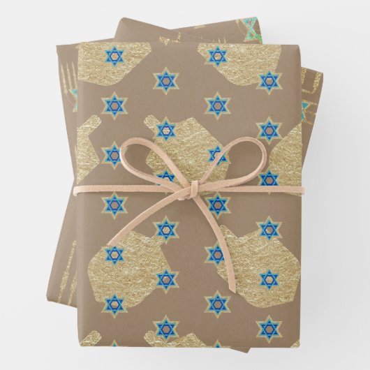 Modern Gold Star Menorahs Dreidels Kraft Hanukkah Geschenkpapier Set (Beispiel)