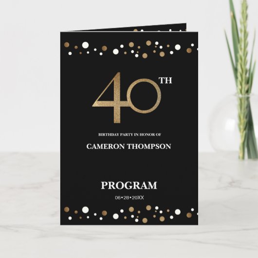 Modern Gold und Black Confetti 40. Geburtstag Programm (Vorderseite)
