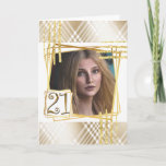 Modern gold white abstract shapes 21st photo karte<br><div class="desc">Celebrate your 21st birthday with this modern and chic design featuring faux gold plaid stripes on white that line the top and bottom edge of the card and frame a square faux gold geometric photo frame. The numbers twenty one appear in a faux gold at the bottom giving a stylish...</div>