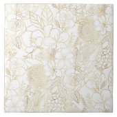 Modern Gold White Floral Doodles Line Art Fliese (Vorderseite)