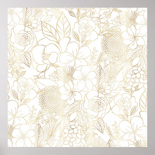 Modern Gold White Floral Doodles Line Art Poster (Vorne)