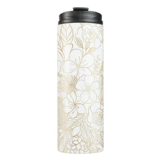 Modern Gold White Floral Doodles Line Art Thermosbecher (Vorderseite)
