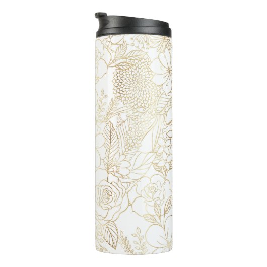 Modern Gold White Floral Doodles Line Art Thermosbecher (Nach rechts gedreht)