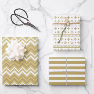 Modern Gold White Geometric Strip Weihnachten Geschenkpapier Set
