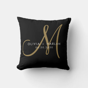Modern Gold White Monogram Black Wedding Keepake Kissen