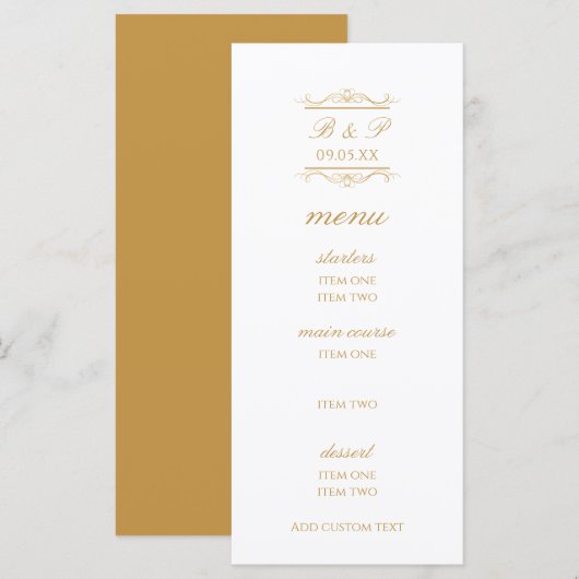 Modern Gold & White Monogram Wedding Menu Card (Vorne/Hinten)