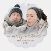 Modern Gold White Script 2 Couple Foto Christmas Ornament Karte (Rückseite)