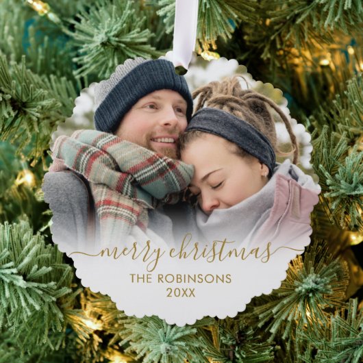 Modern Gold White Script 2 Couple Foto Christmas Ornament Karte (Insitu (Baum))