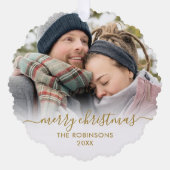 Modern Gold White Script 2 Couple Foto Christmas Ornament Karte (Vorderseite)