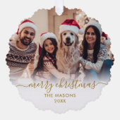 Modern Gold White Script 2 Family Foto Weihnachten Ornament Karte (Vorderseite)