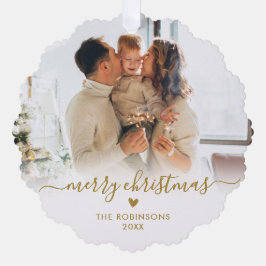 Modern Gold White Script 2 Family Foto Weihnachten Ornament Karte