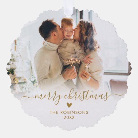 Modern Gold White Script 2 Family Foto Weihnachten Ornament Karte (Vorderseite)