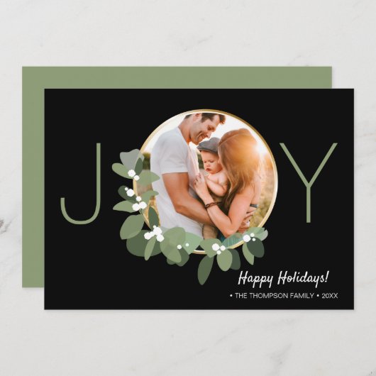 Modern Gold Wreath Joy Weihnachts-Foto Karte (Vorne/Hinten)