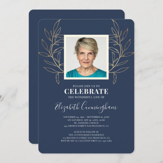 Modern Golden Foliage Blätter Foto Memorial Einladung (Vorne/Hinten)