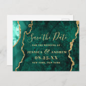 Modern Golden Green Agate Marble Save the Date Ankündigungspostkarte (Vorne/Hinten)