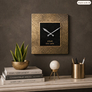 Modern Golden-Leder & Schwarz Minimalistisch Quadratische Wanduhr