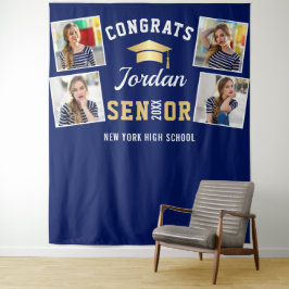 Modern Golden Navy Graduation Photo Booth Backdrop Wandteppich