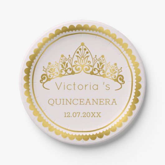 Modern, GoldTiara Quinceanera Pappteller (Vorderseite)