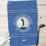 Modern Golfer Monogram Pro Sports Golf Ball Blau Golfhandtuch<br><div class="desc">Das moderne Design besticht durch einen trendigen blauen Hintergrund, auf dem ein realistischer Golfball mit einer golferfarbenen Silhouette in dunkelmarinebaublau mit weißen und marinösen Streifen dargestellt ist. Spaß Golf Zitat lautet: "Essen, schlafen, Golf, wiederholen! Irgendwelche Fragen" in weißer Typografie. Anpassen mit Namen, Initialen oder kurzen Zeilen benutzerdefinierten Texts. Kontaktieren Sie...</div>