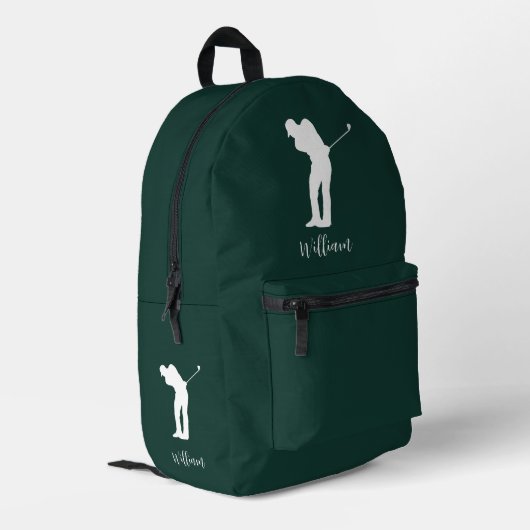 Modern Golfer Silhouette Script Monogram Green Bedruckter Rucksack (Rückseitige Ecke links)