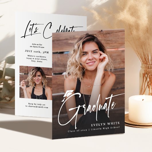 Modern Grad Cap Script 4 Photo Simple Graduation Einladung