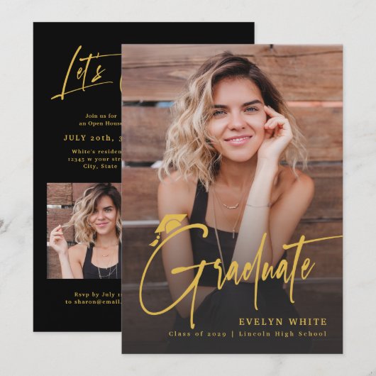 Modern Grad Cap Script 4 Photo Simple Graduation Einladung (Vorne/Hinten)