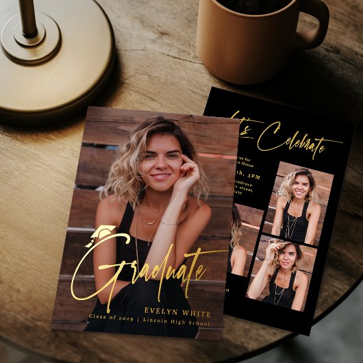 Modern Grad Cap Script 4 Photo Simple Graduation Folieneinladung
