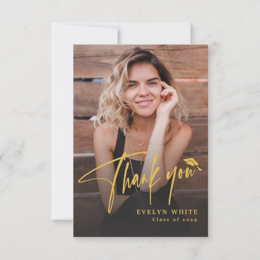 Modern Grad Cap Script Simple Photo Graduation Dankeskarte (Vorderseite)